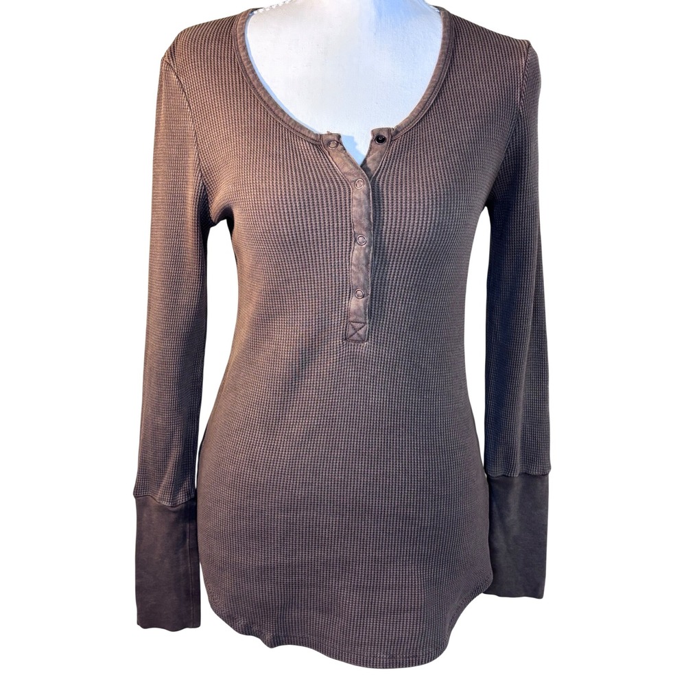 Splendid Collection Brown Waffle Knit Henley Long Sleeve Top Small S/P/CH